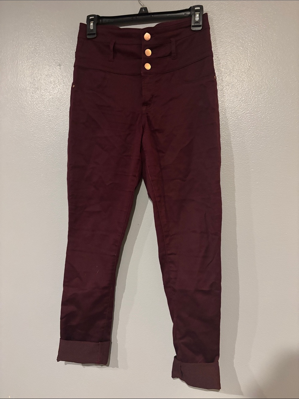 refuge High-Rise Wine Skinny Pants with Gold Buttons